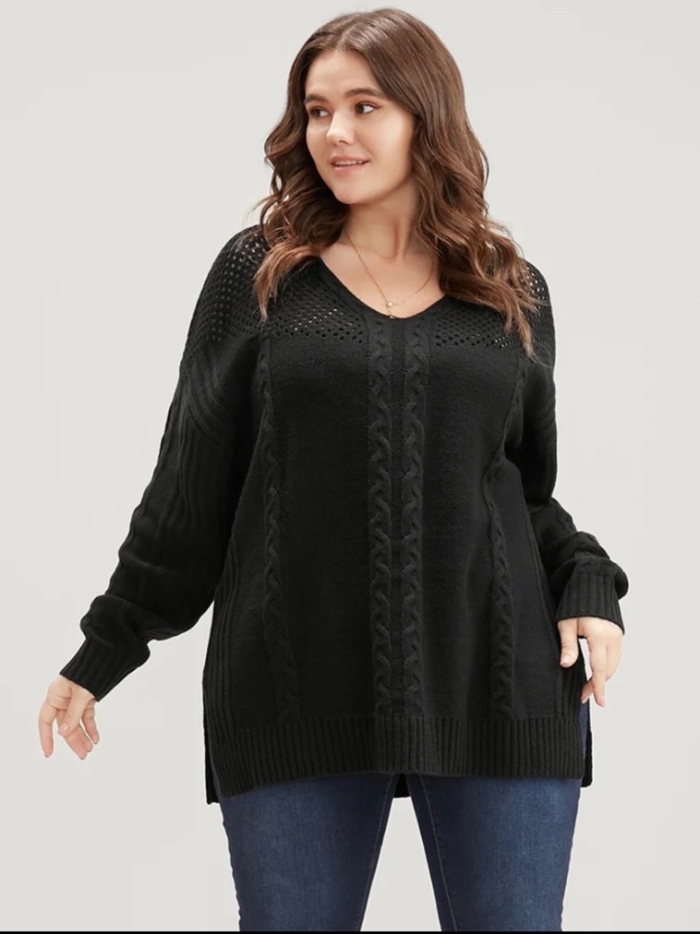 Bloomchic Black Cable Knit Pointelle V-Neck Sweater